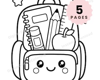 Libro da colorare per il ritorno a scuola, stampabile in PDF e PNG, pagine da colorare per bambini a tema scolastico, attività per il primo giorno di scuola, download digitale.