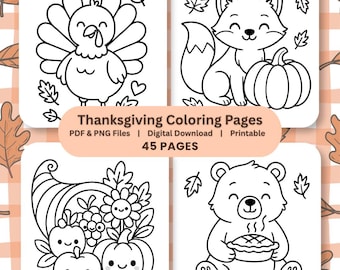 Målarbok för Thanksgiving | Kawaii höstdjur, pumpor och pajer