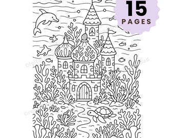 Páginas para colorir de fantasia, castelos encantadores, paisagens mágicas, cenas subaquáticas (15 páginas)