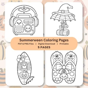 May include: A set of five Summerween coloring pages featuring black and white line art of a radio with a ghost, a witch hat on an umbrella, a surfboard with a ghost and pumpkin, and monster flip-flops. The text reads Summerween Coloring Pages.