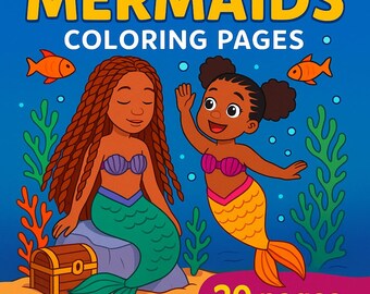 Mermaids Coloring Pages for Kids, 20 Coloring Sheets PDF & PNG Digital Download