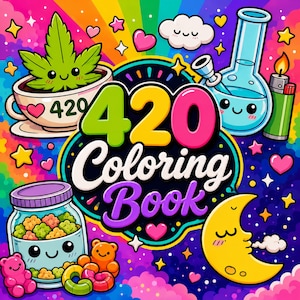 420 Kolorowanka do druku w formacie PDF PNG, Kawaii Kolorowanki z marihuaną, Słodka sztuka palacza, Cyfrowa kolorowanka relaksacyjna dla dorosłych