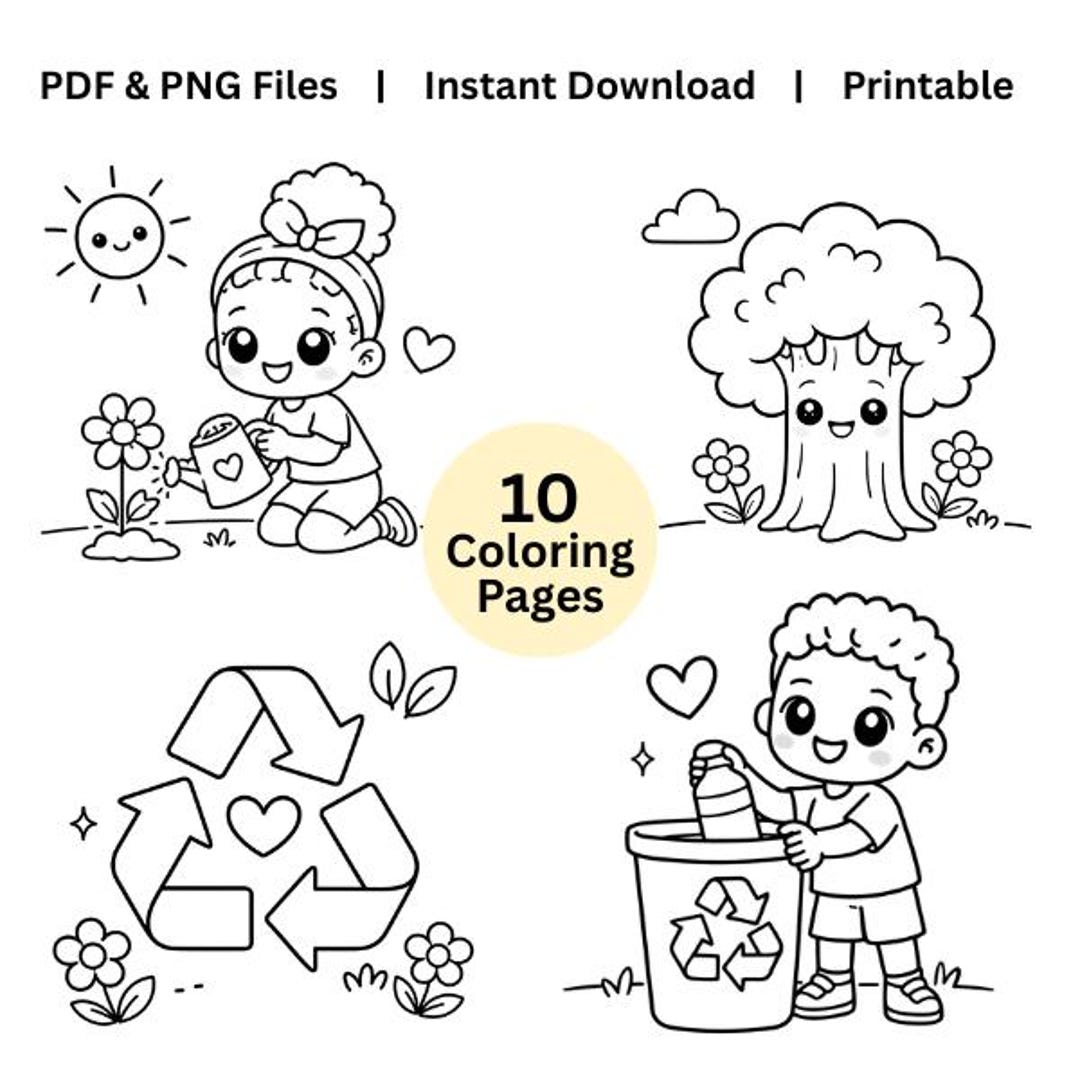 Kids Earth Day Coloring Book Printable PDF PNG | 10 Page Kawaii ...