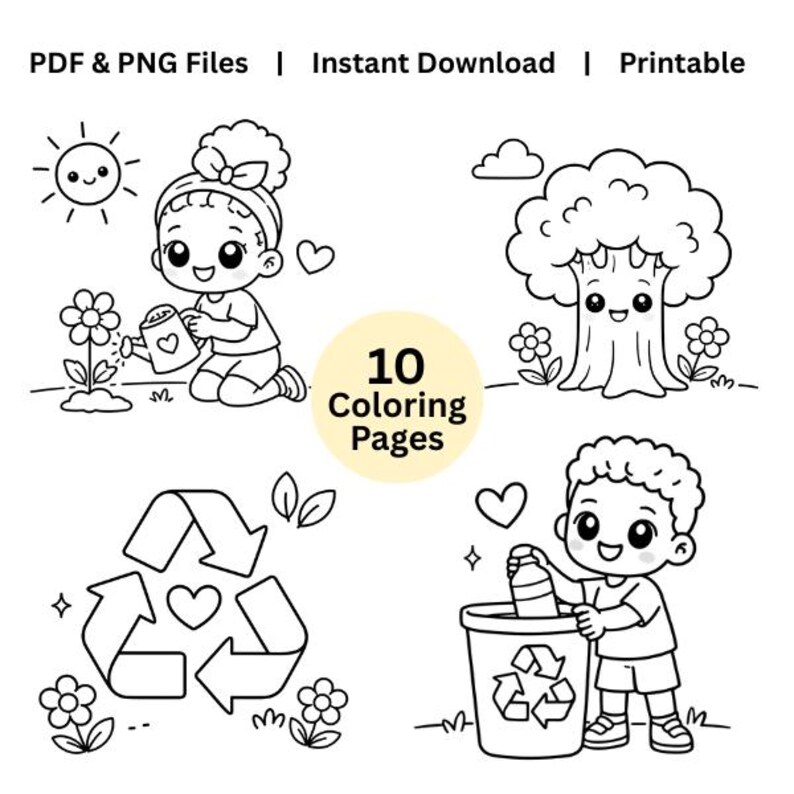 Kids Earth Day Coloring Book Printable PDF PNG | 10 Page Kawaii ...