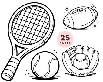 Sportkleurplaten, set van 25 pagina's, honkbal, voetbal, tennis, direct downloaden (pdf + png)