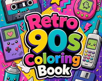 Retro 90er Jahre Malbuch, Nostalgische Seiten, Vintage Spielzeug, (Digitaler Download)