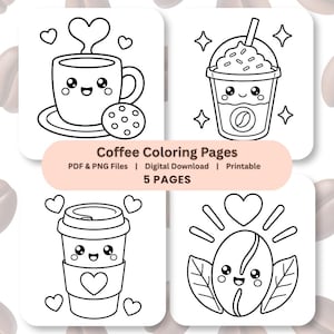 Dibujos para colorear de café kawaii, libro para colorear de café adorable para imprimir, láminas para colorear de cafeterías, PDF y PNG, descarga digital.