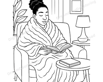 May include: Black and white line art illustration of a person reading. The text "COZY READING" is at the top. The person is wrapped in a blanket and seated in a chair, with a book in their hands. A side table with a lamp and a stack of books is next to the chair.