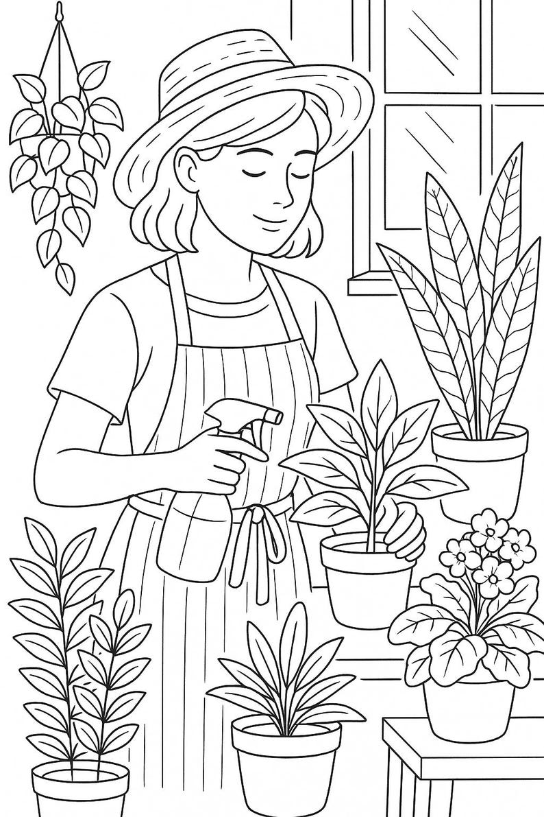 Plant Lady Coloring Book | 11 Black & White Botanical Line Art Pages ...