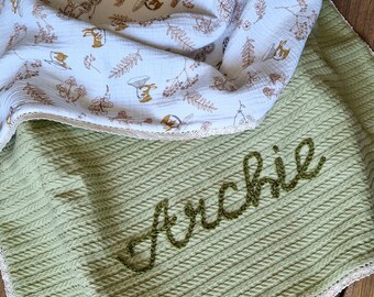 Personalised Cotton Baby blanket,Organic cotton muslin blanket, Hand embroidery, Custom blanket,Baby basket, blanket with mushrooms,  bears