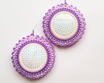 Purple Star Quilt Beaded Earrings