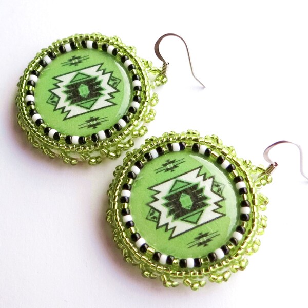 Native American Print Beaded Earrings Green