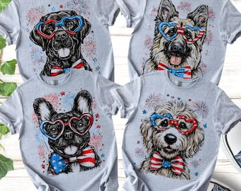 Camiseta para perros con temática patriótica del 4 de julio, camiseta con más de 50 razas de perros, bandera de EE. UU., fuegos artificiales, camiseta America 250, camiseta gráfica para mujer.