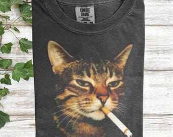 Camiseta vintage de gato fumando de los 90, camiseta de gato con colores cómodos, camiseta divertida de regalo de gato, camiseta vintage de meme de gato, camiseta de gatito fumando