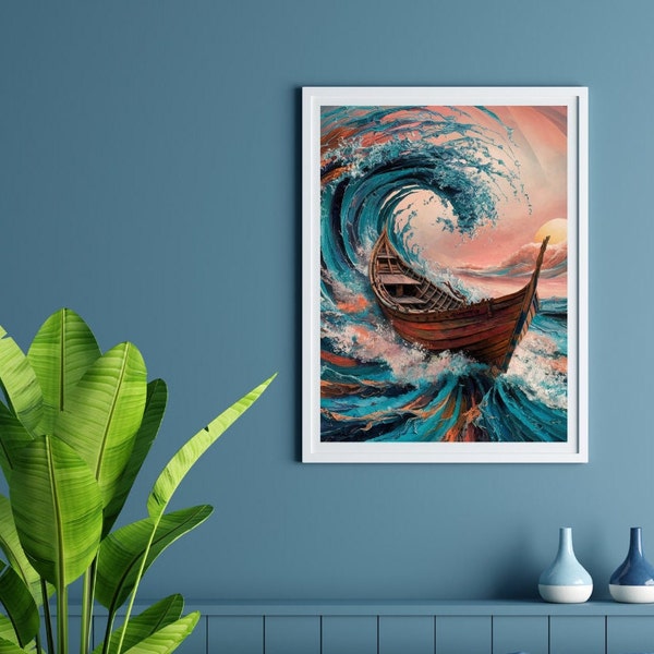 A  Vintage Wooden boat Navigating Through turbulent Seas: Abstract Ocean Printable Wall Art, Minimal Seascape Print,  Abstract Sun Wall Art