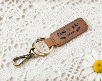 Custom Engraved Genuine Leather Keychain, Personalized Keyring