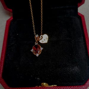 Può includere: Una collana d'oro con un ciondolo di pietra rossa e un ciondolo a forma di cuore inciso con le iniziali "A & S". La collana è presentata in un cofanetto di gioielli in velluto rosso.