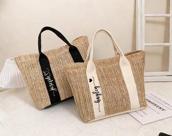 Personalized Straw Beach Tote Bag, Custom Bridesmaid Gift