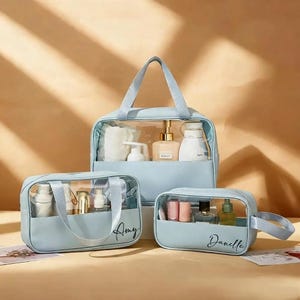 Personalized Engraved Clear Makeup Bag, Leather Toiletry Bag, Custom Name