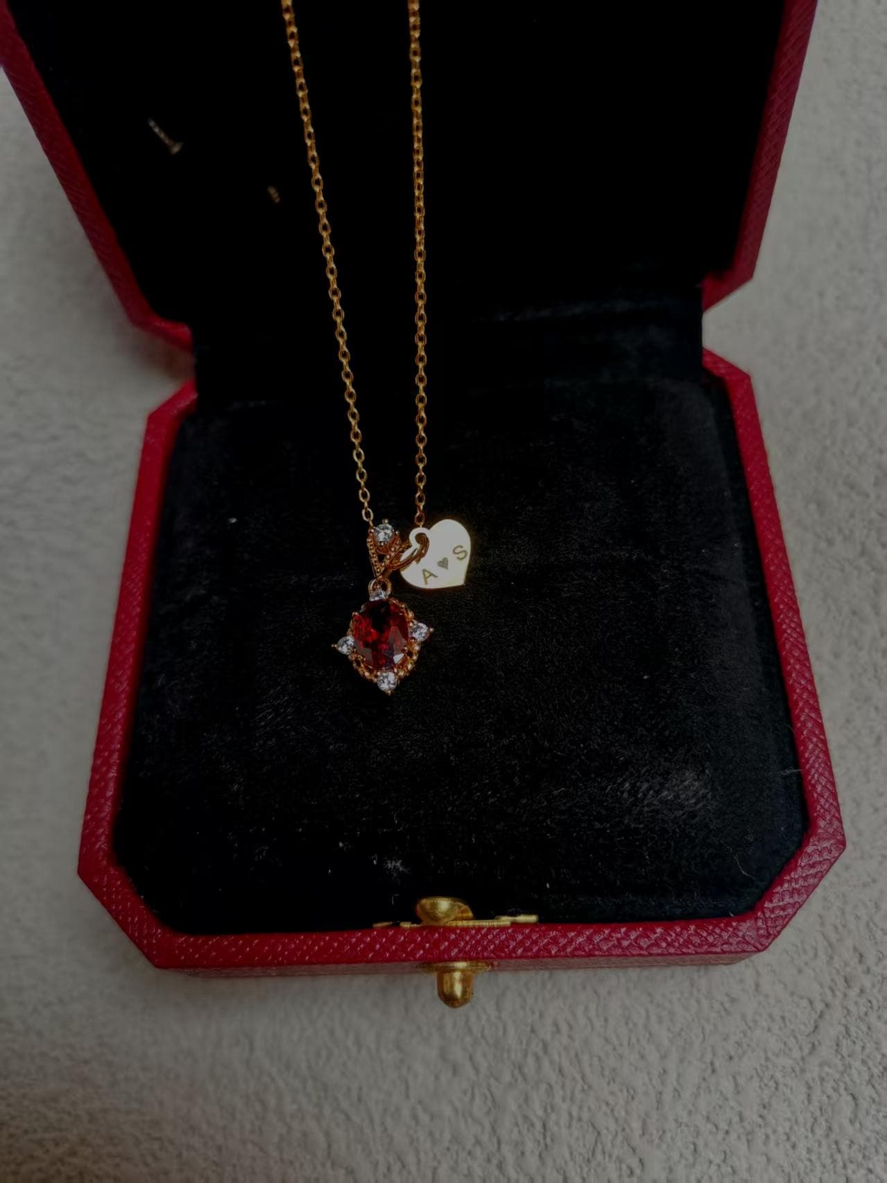 Collar de granate vintage personalizado de oro de 18 quilates, regalo para mujer, joyería de granate, collar de piedra preciosa roja, collar de plata, regalo de cumpleaños para ella