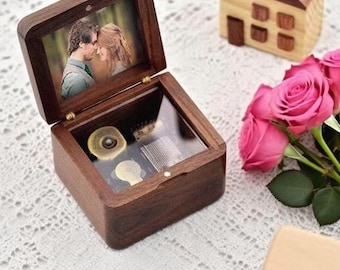 Custom Photo Walnut Music Box, Engraved Keepsake Gift, Personalized Valentines Day Gift for Her