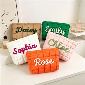 Personalized Quilted Nylon Cosmetic Bag, Zipper Makeup Pouch, Bridesmaid Gift, Waterproof Organizer