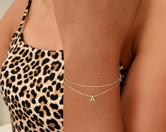 Pulsera personalizada con inicial, dije de acero inoxidable de doble capa, cadena ajustable