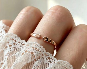 Engraved Initial Name Ring Women, Dainty Gold Open Ring, Adjustable Minimalist Band, Personalised Valentines Day Gift for Her