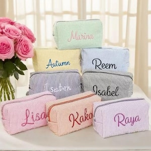 Embroidered Name Makeup Bag, Custom Makeup Pouch, Monogrammed Toiletry Bag, Travel Makeup Bag, Seersucker Makeup bag, Bridesmaid Makeup Bag