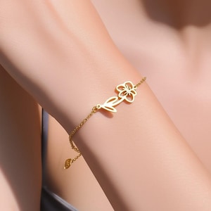 Custom 18K Gold Birthflower Bracelet For Women, Birth Flower Jewelry, Stainless Steel Bracelet,Birth Flower Birthday Gift for Her