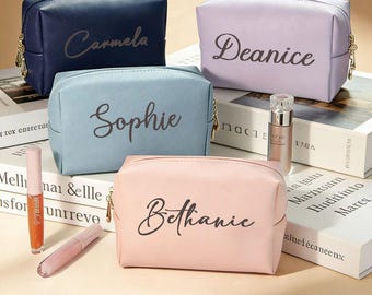 Bolsa de maquillaje de cuero personalizada con nombre, regalo para dama de honor, neceser de viaje para ella.