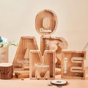 Aangepaste houten spaarpot, kraamcadeau, decor kinderkamer, muntbank, brievenspaarpot, spaarpot, spaarvarken alfabet, verjaardagscadeau kinderen