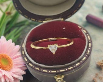 Engraved Heart Ring 14K Gold Heart Diamond Engagement Rings for Women,Sterling Silver Wedding Rings,Heart Promise Ring,Birthday Gift For Her