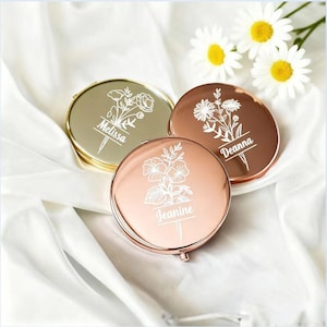Personalized Birthflower Compact Mirror, Bridesmaid Gift