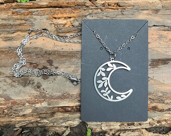 By the Light of the Crescent Moon the Hedge Witches Gather. Necklace. Stainless Steel.