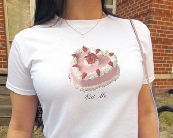 Strawberry Cake Eat Me y2k baby tee Coquette Balletcore dollette girly ribbon shirt, pink cake tshirt 00s baby t-shirt 90s crop top shirt