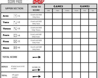 Hoja de partitura Yahtzee, carta de juego de dés, bloque de partitura Yahtzee, carta de partitura imprimible, disponible en descarga inmediata.