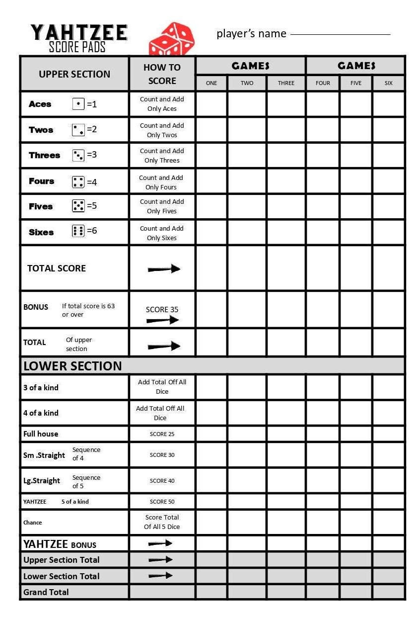 Feuille De Score Yahtzee, Carte De Jeu De Dés, Bloc De Score Yahtzee ...