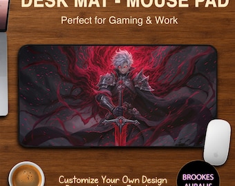 Tappetino da scrivania Lucien Bloodreign, tappetino per mouse al neon, tappetino da scrivania per gaming, tappetino per mouse personalizzato, tappetino da scrivania con guerriero anime, tappetino per mouse grande per gamer, fantasy