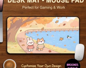 Bunny & Kitty Autumn Walk Desk Mat, Kawaii Mouse Pad, Lofi Desk Mat, Customize Desk Mat, Anime Desk Mat, Office Accessories, Gift for Gamers