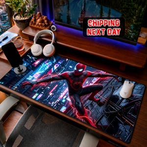 Cyberpunk Hero Desk Mat, Neon Red Spiderman Mouse Pad, Sci-Fi Gaming Pad, Custom Free Superhero Desk Setup, Spiderman Desk Mat, Comic Art