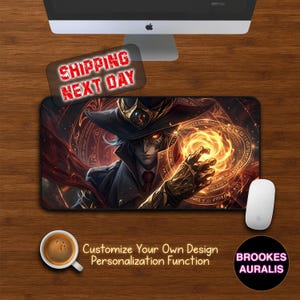 Epic Dark Mage Gaming Desk Mat, Custom Badass Anime Mouse Pad, Fierce Fire Warlock Desk Pad, Personalized Battle Station Gear, LoL Mouse Pad