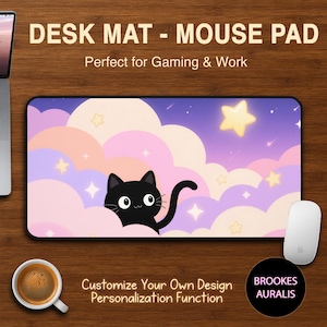 Black Cat in Dreamy Sky Desk Mat, Anime Desk Mat, Lofi Mouse Pad, Cute Pastel Cloud Mouse Pad, Personalize Desk Mat, Trendy Office Accessory