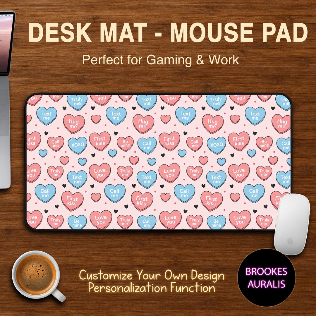 Pink Love Computer Mat Sweet Candy Hearts Desk Mat, Valentine Pink Aesthetic Mouse Pad for Her ...