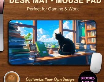 Black Cat Bookish Desk Mat, Kitten Desk Pad, Desk Mat Bookshelf, Booktrovert Mouse Mat, Book Lover Desk Decor, Laptop PC Mouse Pad Desk Mat