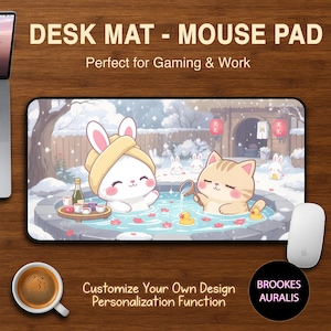 Winter Bunny & Kitten Onsen Desk Mat, Lofi Mouse Pad, Anime Desk Mat, Kawaii Mouse Pad, Cat Lover, Customize Desk Mat, Gift for Gamer Girl