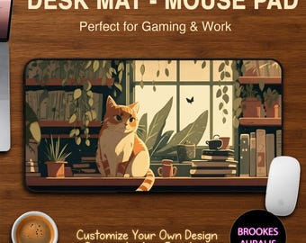 Library Cat Cottagecore Desk Mat, Bookish Desk Mat, Cute Mouse Pad Large Mouse Mat, Book Reader Gift, Cozy Reading Space Decor, Gift for Her