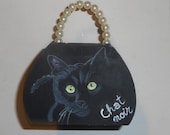 Black Cat Chat Noir Handbag Shaped Hand Painted decorative Wooden Jewelry Trinket Box