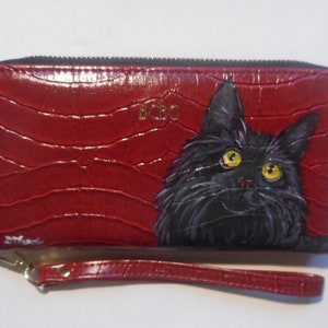 Maine Coon Cat Wallet for Women, Hand Painted Wristlet, Cat Person Gift image 1