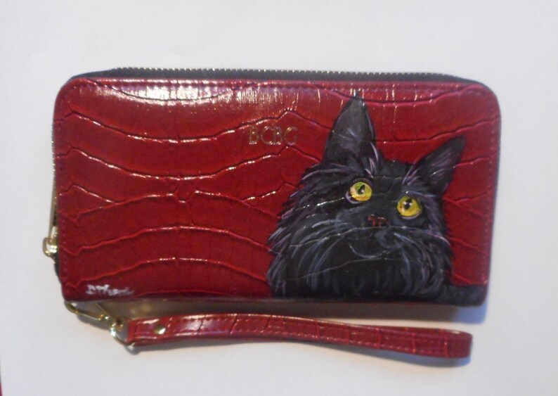 Maine Coon Cat Wallet for Women, Hand Painted Wristlet, Cat Person Gift image 1